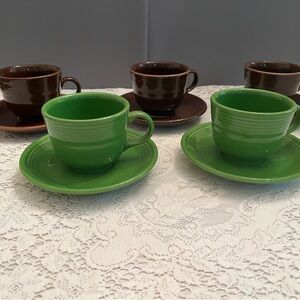 Set of Green and Brown Teacups with Saucers Fiestaware 5 cups and saucers.